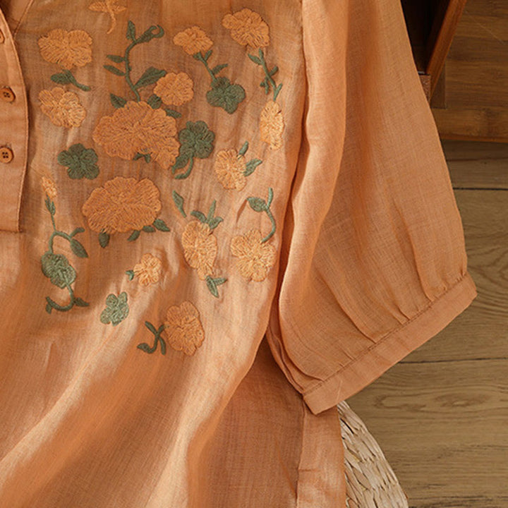 Chemise décontractée en coton et lin à manches mi-longues et col en V pour femme, motif fleurs et feuilles vertes brodées, motif Buddha Stones - image 18