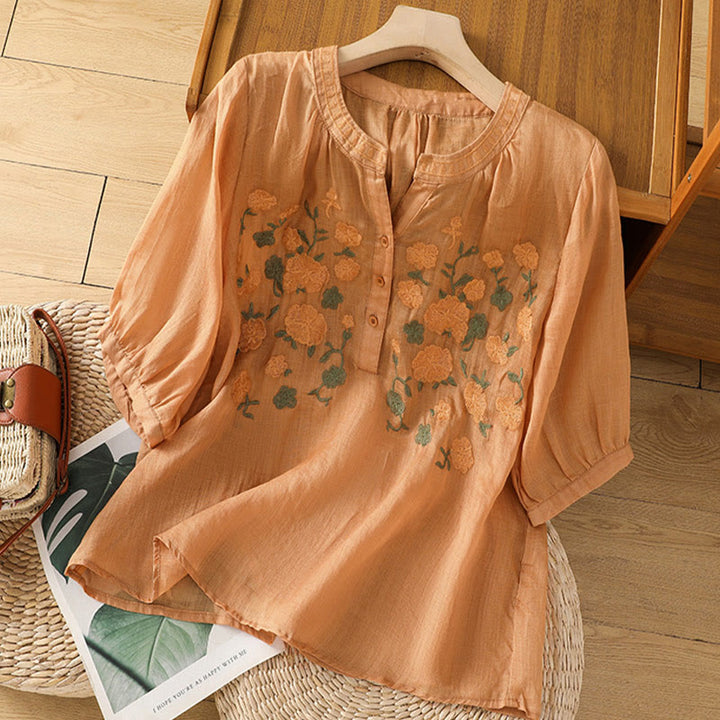 Chemise décontractée en coton et lin à manches mi-longues et col en V pour femme, motif fleurs et feuilles vertes brodées, motif Buddha Stones - SandyBrown - US8-10，UK/AU12-14，EU40-42 (2XL) - image 16