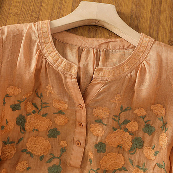 Chemise décontractée en coton et lin à manches mi-longues et col en V pour femme, motif fleurs et feuilles vertes brodées, motif Buddha Stones - image 22