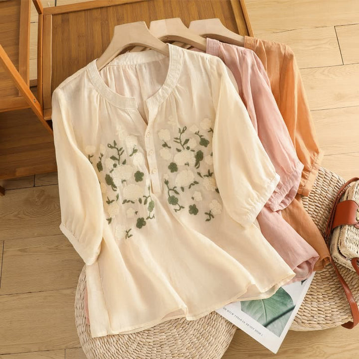 Chemise décontractée en coton et lin à manches mi-longues et col en V pour femme, motif fleurs et feuilles vertes brodées, motif Buddha Stones - image 23