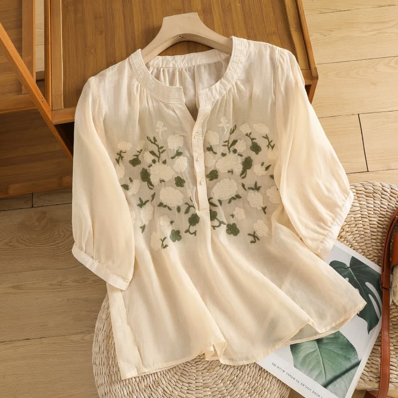 Chemise décontractée en coton et lin à manches mi-longues et col en V pour femme, motif fleurs et feuilles vertes brodées, motif Buddha Stones - PapayaWhip - US8-10，UK/AU12-14，EU40-42 (2XL) - image 9