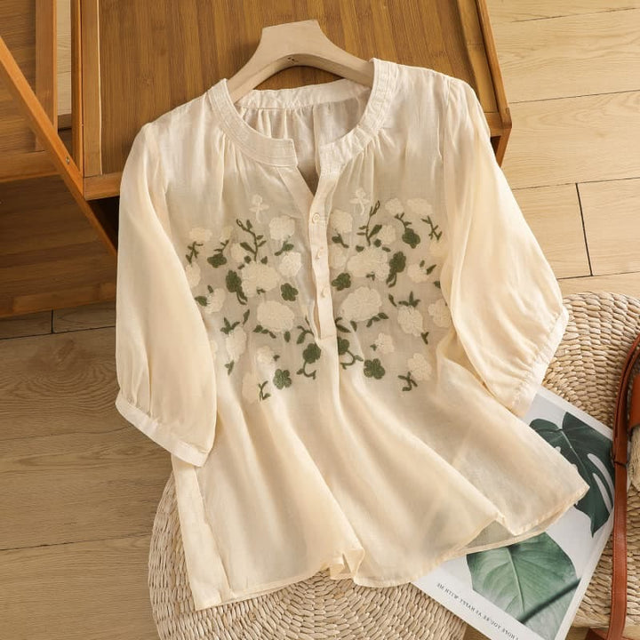 Chemise décontractée en coton et lin à manches mi-longues et col en V pour femme, motif fleurs et feuilles vertes brodées, motif Buddha Stones - PapayaWhip - US8-10，UK/AU12-14，EU40-42 (2XL) - image 9