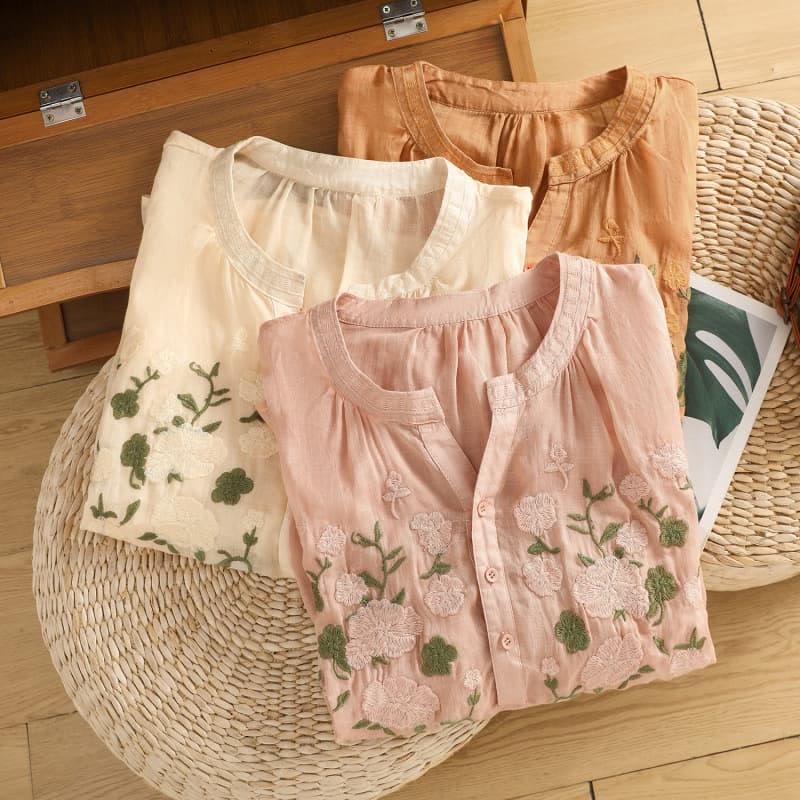 Chemise décontractée en coton et lin à manches mi-longues et col en V pour femme, motif fleurs et feuilles vertes brodées, motif Buddha Stones - image 24