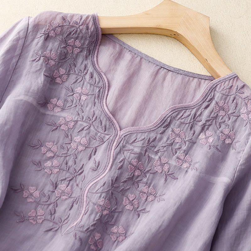 T-shirt d'été décontracté à manches courtes et col en V pour femme, motif Buddha Stones, broderie florale, en acrylique - image 1