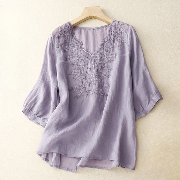 T-shirt d'été décontracté à manches courtes et col en V pour femme, motif Buddha Stones, broderie florale, en acrylique