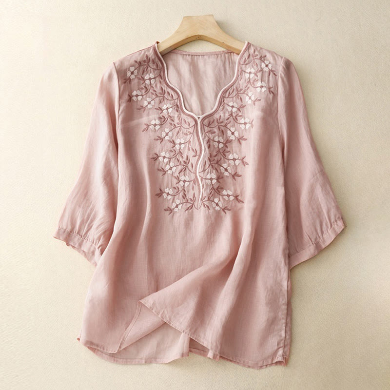 T-shirt d'été décontracté à manches courtes et col en V pour femme, motif Buddha Stones, broderie florale, en acrylique - Rose - US8-10，UK/AU12-14，EU40-42 (2XL) - image 6