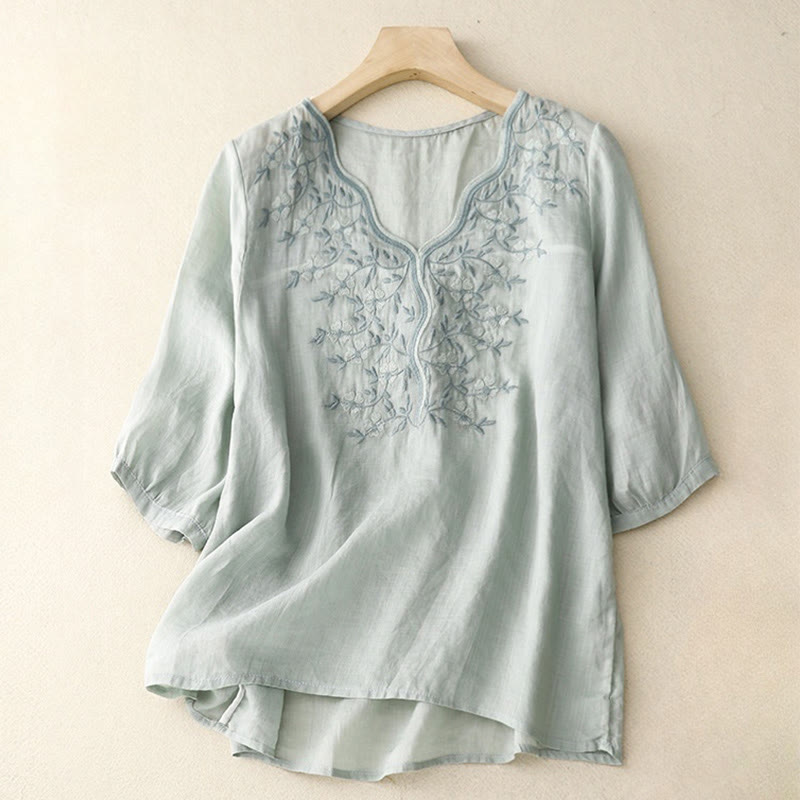 T-shirt d'été décontracté à manches courtes et col en V pour femme, motif Buddha Stones, broderie florale, en acrylique