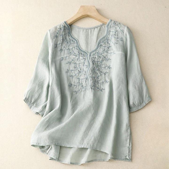 T-shirt d'été décontracté à manches courtes et col en V pour femme, motif Buddha Stones, broderie florale, en acrylique