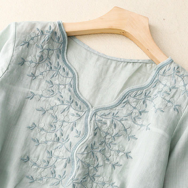 T-shirt d'été décontracté à manches courtes et col en V pour femme, motif Buddha Stones, broderie florale, en acrylique - image 13