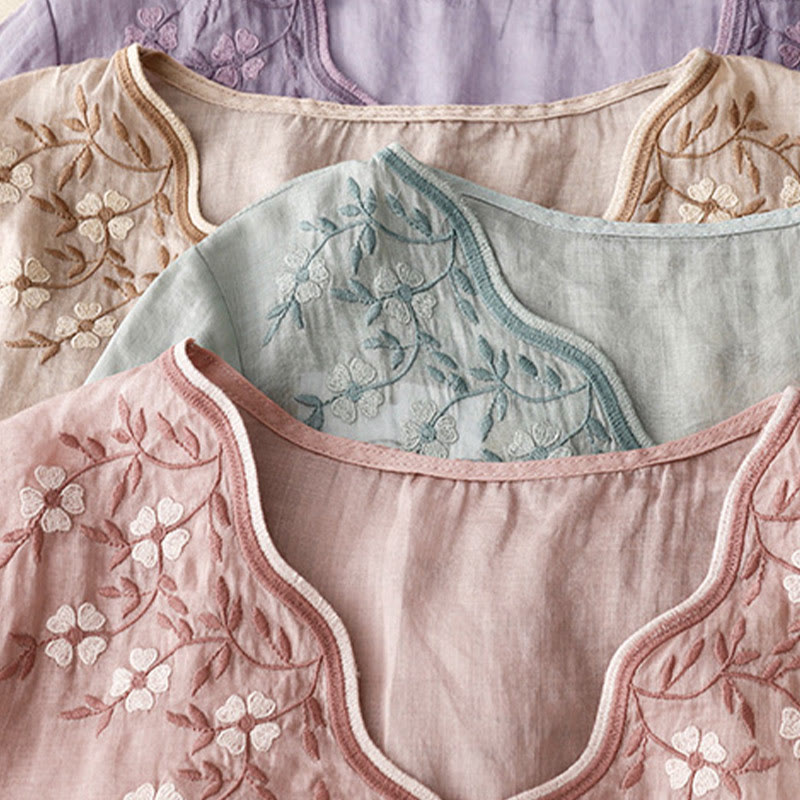 T-shirt d'été décontracté à manches courtes et col en V pour femme, motif Buddha Stones, broderie florale, en acrylique - image 23