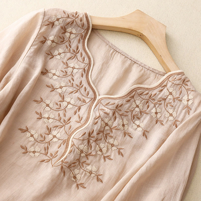 T-shirt d'été décontracté à manches courtes et col en V pour femme, motif Buddha Stones, broderie florale, en acrylique - image 19