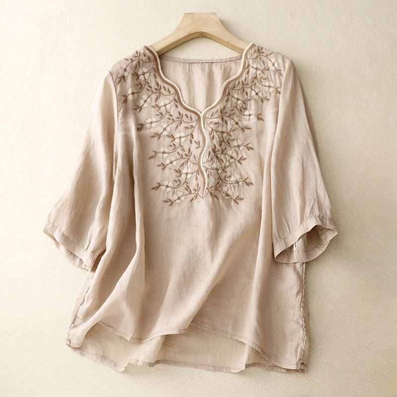 T-shirt d'été décontracté à manches courtes et col en V pour femme, motif Buddha Stones, broderie florale, en acrylique