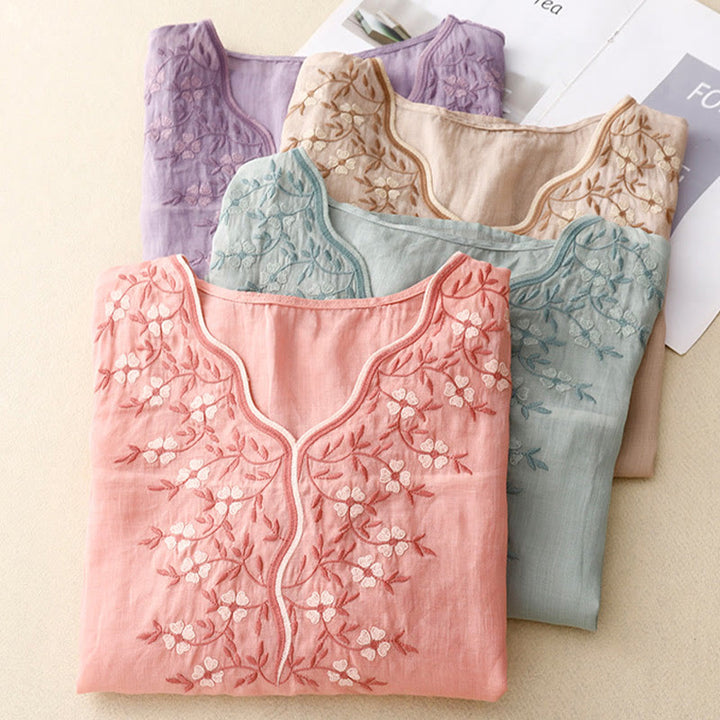 T-shirt d'été décontracté à manches courtes et col en V pour femme, motif Buddha Stones, broderie florale, en acrylique - image 22