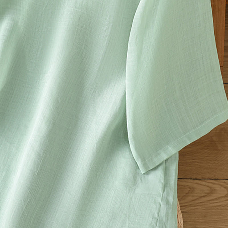 Chemise décontractée en coton et Buddha Stones brodés, boutons grenouille, col ras du cou, manches mi-longues