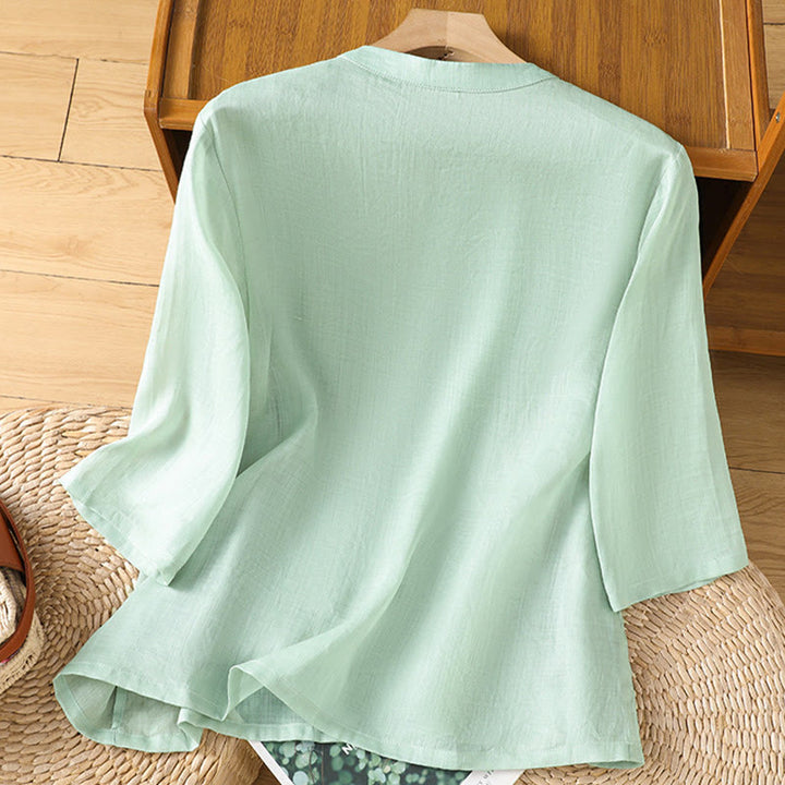 Chemise décontractée en coton et Buddha Stones brodés, boutons grenouille, col ras du cou, manches mi-longues