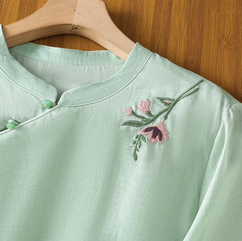 Chemise décontractée en coton et Buddha Stones brodés, boutons grenouille, col ras du cou, manches mi-longues