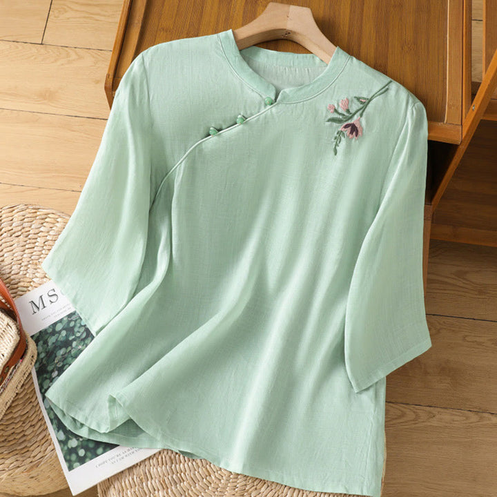Chemise décontractée en coton et Buddha Stones brodés, boutons grenouille, col ras du cou, manches mi-longues