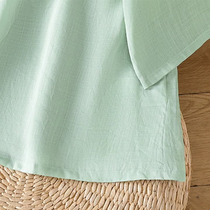 Chemise décontractée en coton et Buddha Stones brodés, boutons grenouille, col ras du cou, manches mi-longues