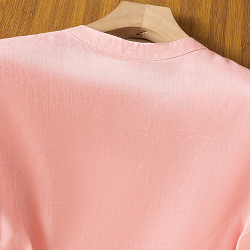Chemise décontractée en coton et Buddha Stones brodés, boutons grenouille, col ras du cou, manches mi-longues