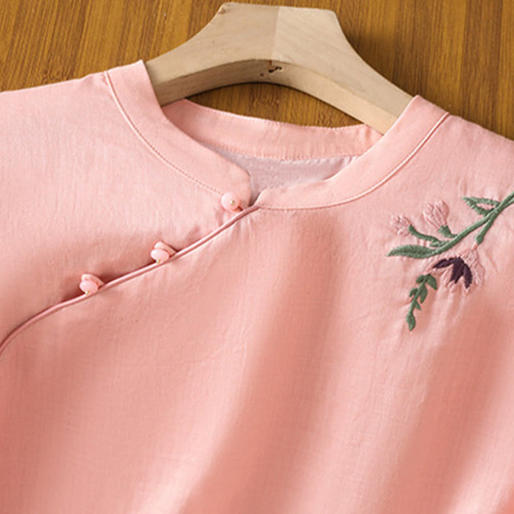 Chemise décontractée en coton et Buddha Stones brodés, boutons grenouille, col ras du cou, manches mi-longues