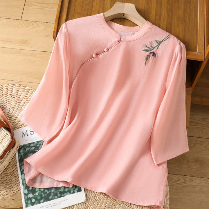 Chemise décontractée en coton et Buddha Stones brodés, boutons grenouille, col ras du cou, manches mi-longues