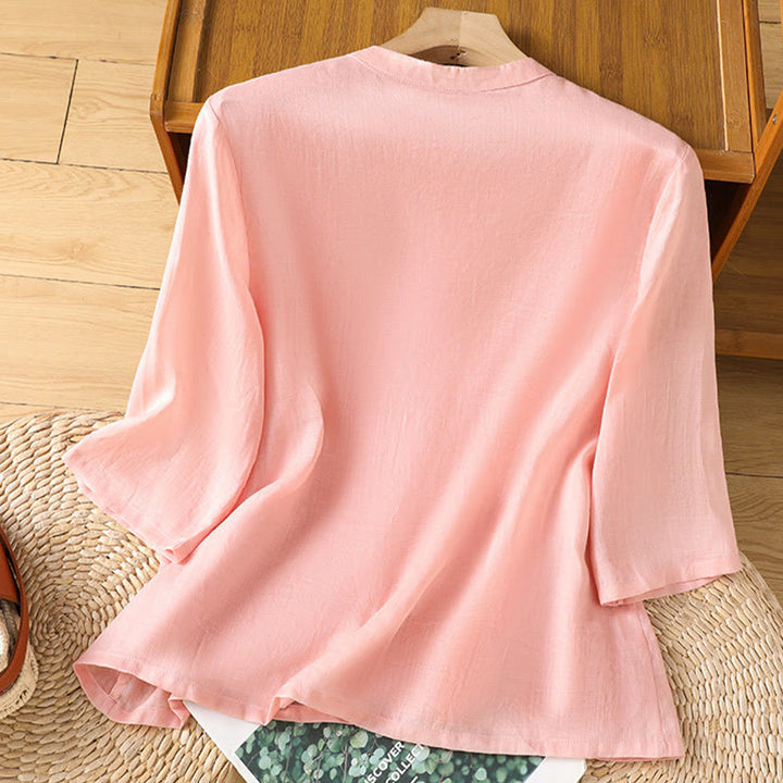 Chemise décontractée en coton et Buddha Stones brodés, boutons grenouille, col ras du cou, manches mi-longues
