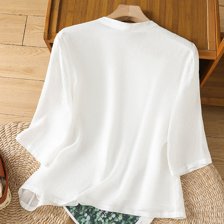 Chemise décontractée en coton et Buddha Stones brodés, boutons grenouille, col ras du cou, manches mi-longues