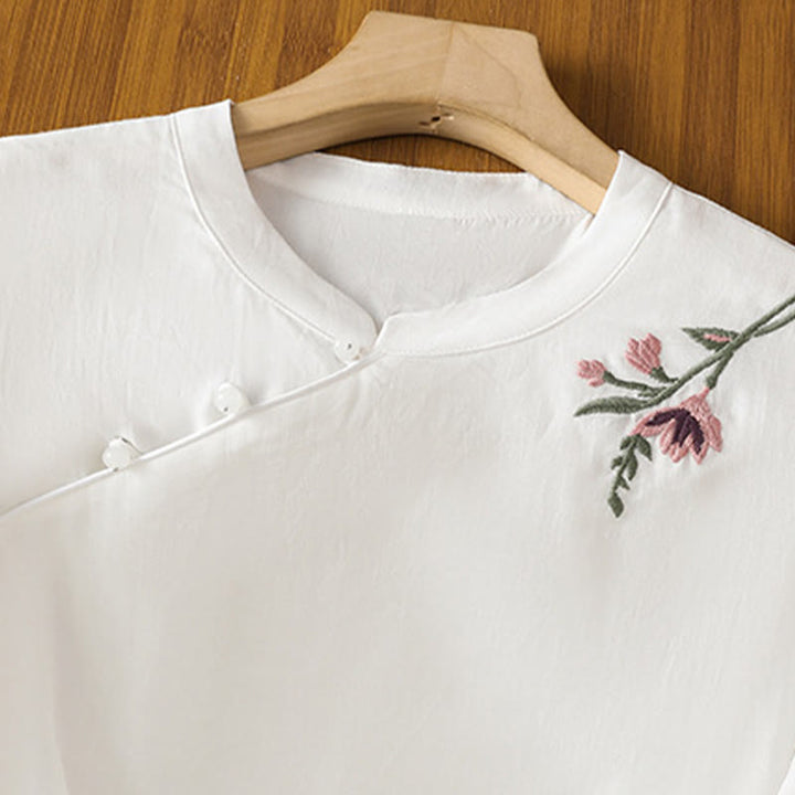 Chemise décontractée en coton et Buddha Stones brodés, boutons grenouille, col ras du cou, manches mi-longues