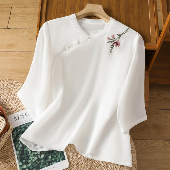 Chemise décontractée en coton et Buddha Stones brodés, boutons grenouille, col ras du cou, manches mi-longues