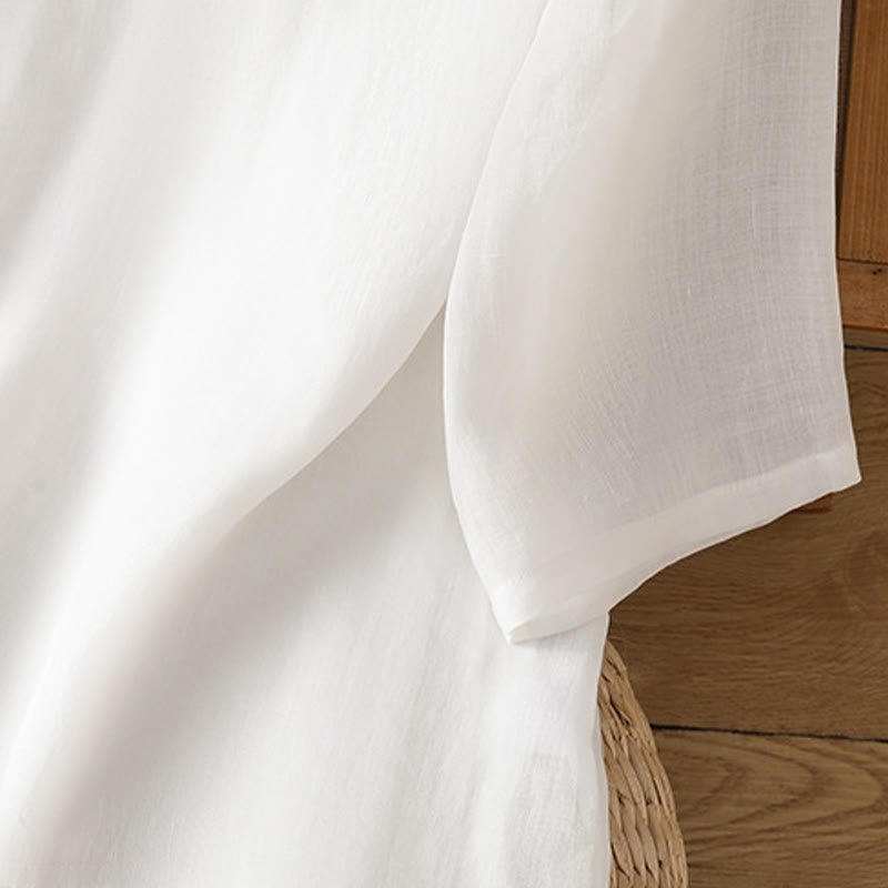 Chemise décontractée en coton et Buddha Stones brodés, boutons grenouille, col ras du cou, manches mi-longues