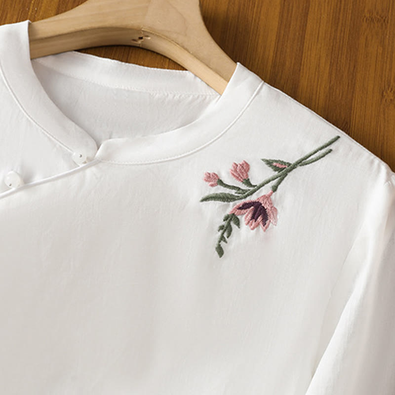 Chemise décontractée en coton et Buddha Stones brodés, boutons grenouille, col ras du cou, manches mi-longues