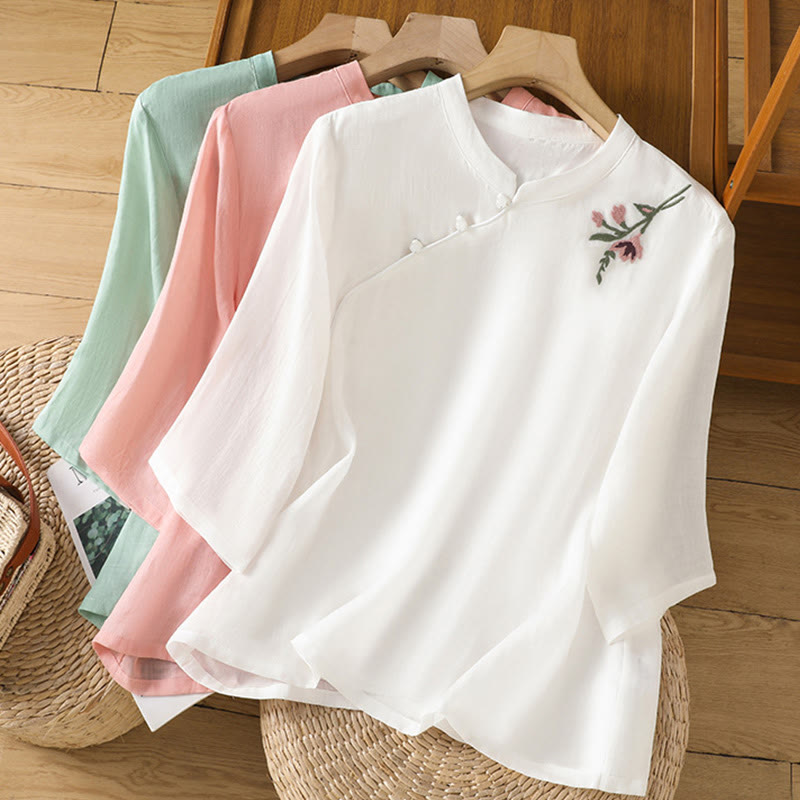 Chemise décontractée en coton et Buddha Stones brodés, boutons grenouille, col ras du cou, manches mi-longues