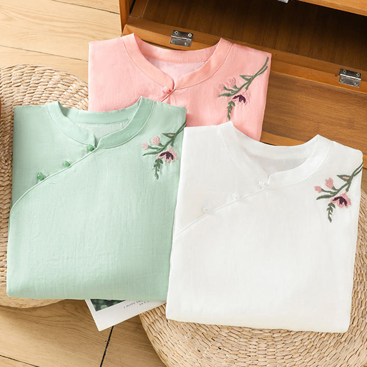 Chemise décontractée en coton et Buddha Stones brodés, boutons grenouille, col ras du cou, manches mi-longues
