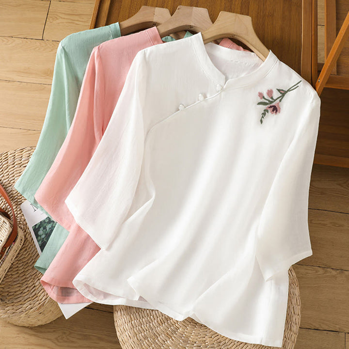 Chemise décontractée en coton et Buddha Stones brodés, boutons grenouille, col ras du cou, manches mi-longues - image 19