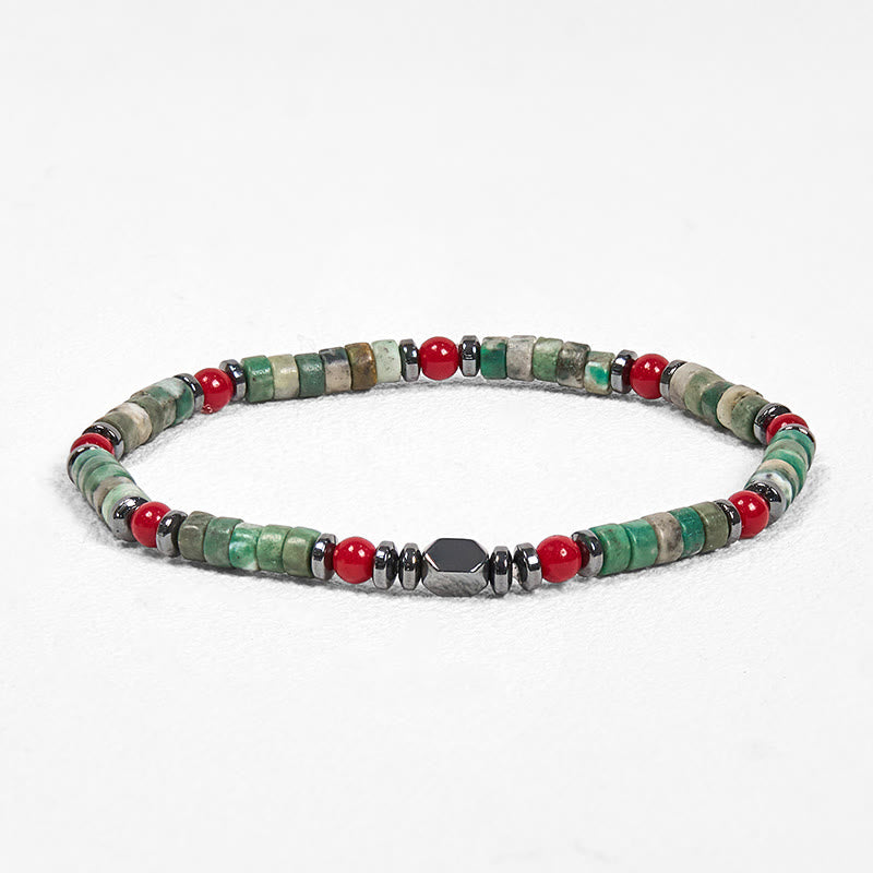 Bracelet puissant en pierre verte Buddha Stones , hématite et corail rouge