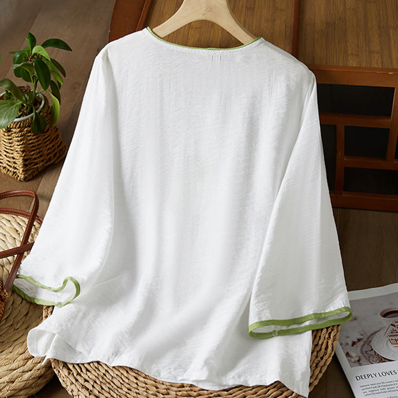 Buddha Stones décontractée en coton et lin pour femme, motif floral brodé, boutons grenouille, col incliné, manches trois-quarts - image 1