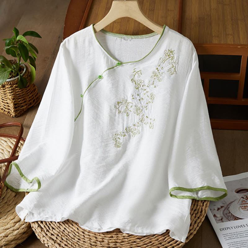 Buddha Stones décontractée en coton et lin pour femme, motif floral brodé, boutons grenouille, col incliné, manches trois-quarts - Blanc - US12，UK/AU16，EU44 (3XL) - image 0