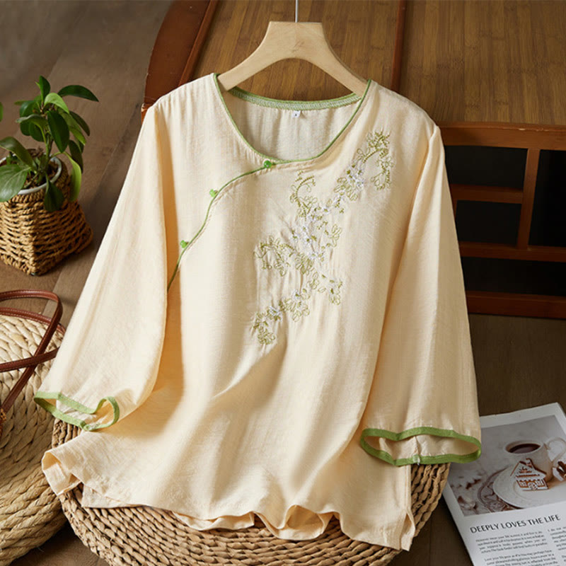 Buddha Stones décontractée en coton et lin pour femme, motif floral brodé, boutons grenouille, col incliné, manches trois-quarts - PapayaWhip - US12，UK/AU16，EU44 (3XL) - image 6