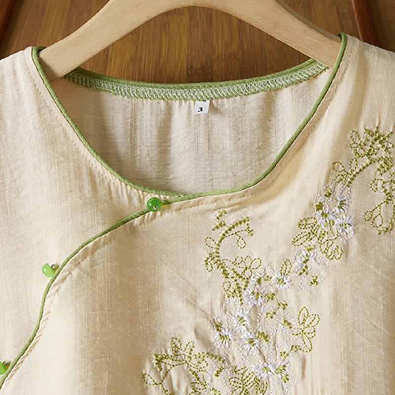 Buddha Stones décontractée en coton et lin pour femme, motif floral brodé, boutons grenouille, col incliné, manches trois-quarts - image 8