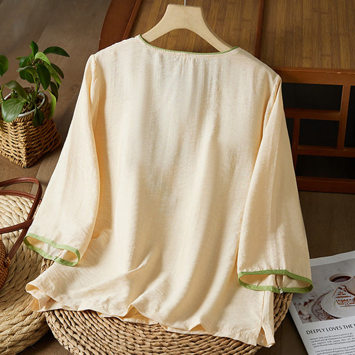 Buddha Stones décontractée en coton et lin pour femme, motif floral brodé, boutons grenouille, col incliné, manches trois-quarts - image 7