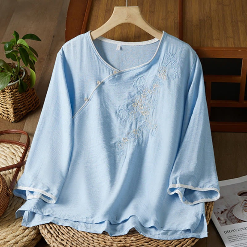 Buddha Stones décontractée en coton et lin pour femme, motif floral brodé, boutons grenouille, col incliné, manches trois-quarts - Bleu ciel clair - US12，UK/AU16，EU44 (3XL) - image 12