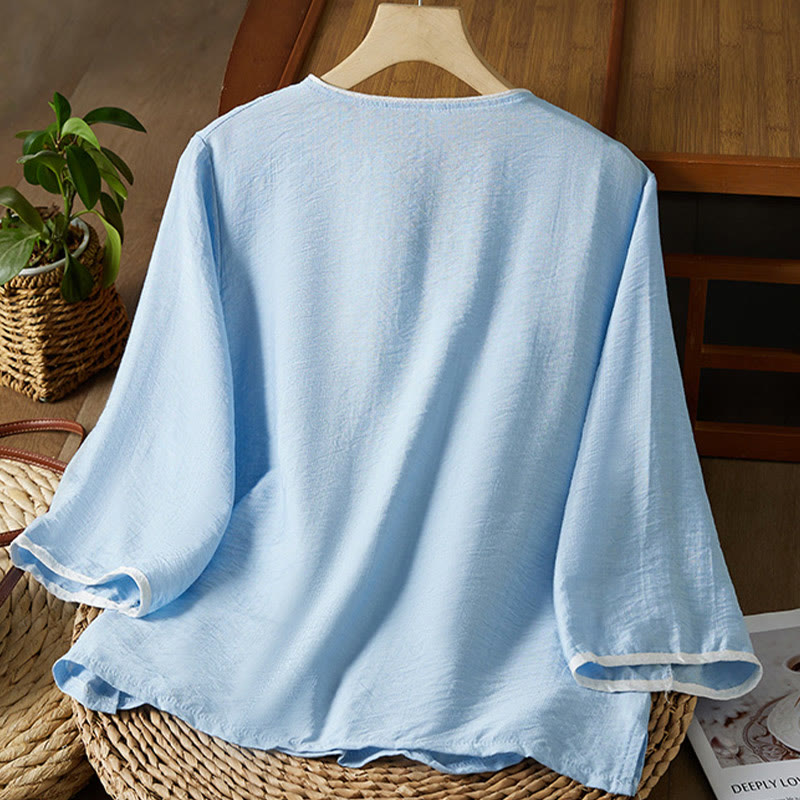 Buddha Stones décontractée en coton et lin pour femme, motif floral brodé, boutons grenouille, col incliné, manches trois-quarts - image 13