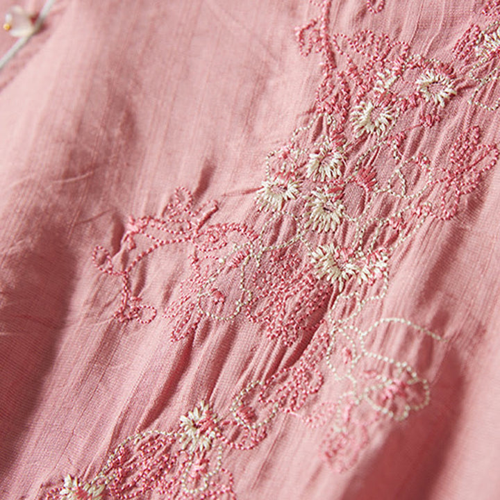 Buddha Stones décontractée en coton et lin pour femme, motif floral brodé, boutons grenouille, col incliné, manches trois-quarts - image 23