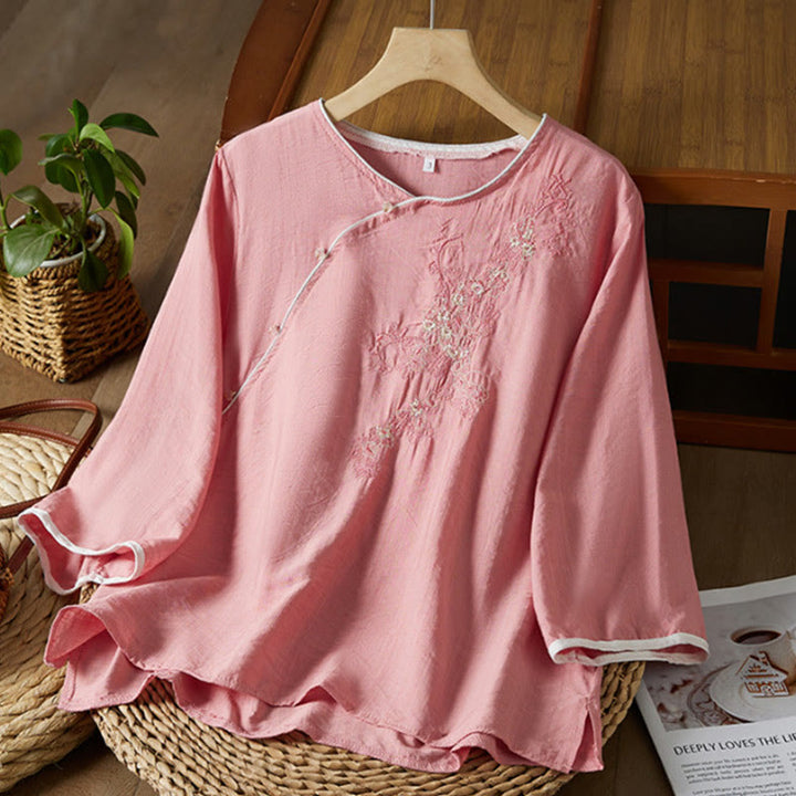 Buddha Stones décontractée en coton et lin pour femme, motif floral brodé, boutons grenouille, col incliné, manches trois-quarts - Rose clair - US12，UK/AU16，EU44 (3XL) - image 18