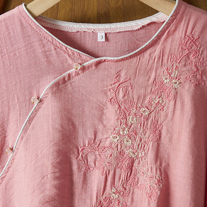 Buddha Stones décontractée en coton et lin pour femme, motif floral brodé, boutons grenouille, col incliné, manches trois-quarts - image 21