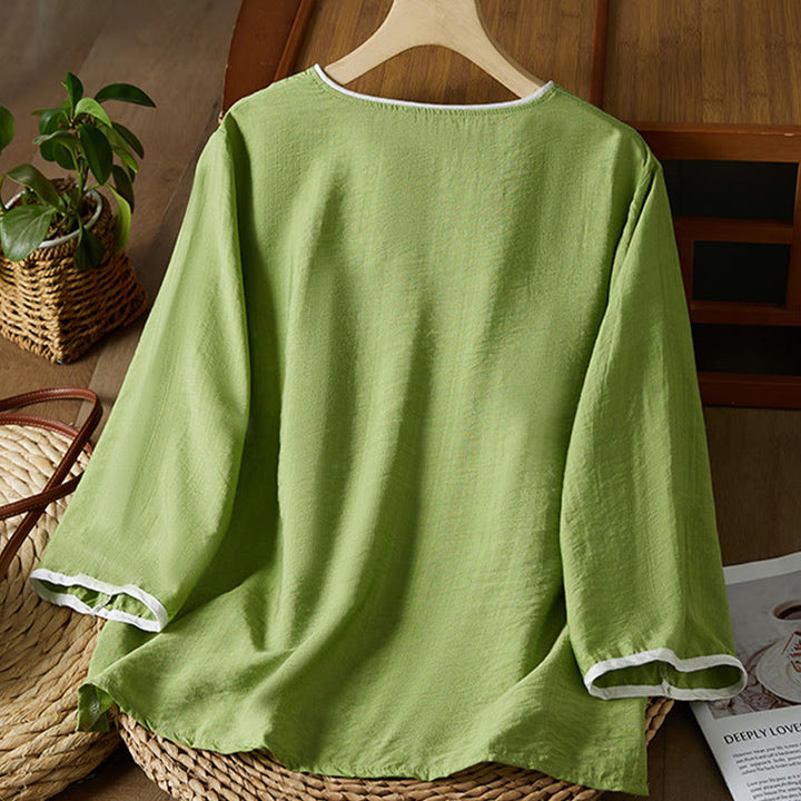 Buddha Stones décontractée en coton et lin pour femme, motif floral brodé, boutons grenouille, col incliné, manches trois-quarts - image 26