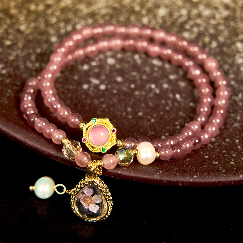Bracelet double tour positif en Buddha Stones, quartz fraise naturel, perle, papillon, goutte d'eau