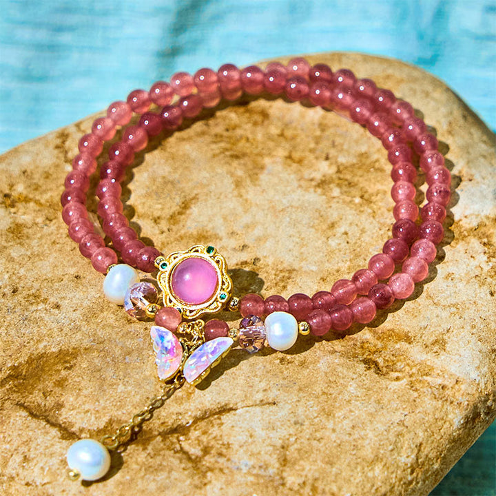 Bracelet double tour positif en Buddha Stones, quartz fraise naturel, perle, papillon, goutte d'eau