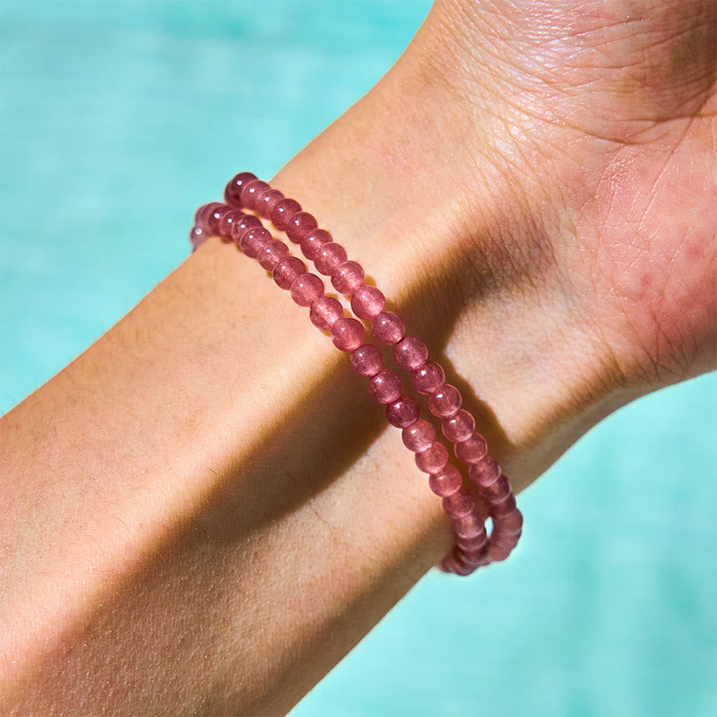 Bracelet double tour positif en Buddha Stones, quartz fraise naturel, perle, papillon, goutte d'eau