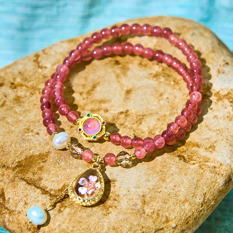 Bracelet double tour positif en Buddha Stones, quartz fraise naturel, perle, papillon, goutte d'eau